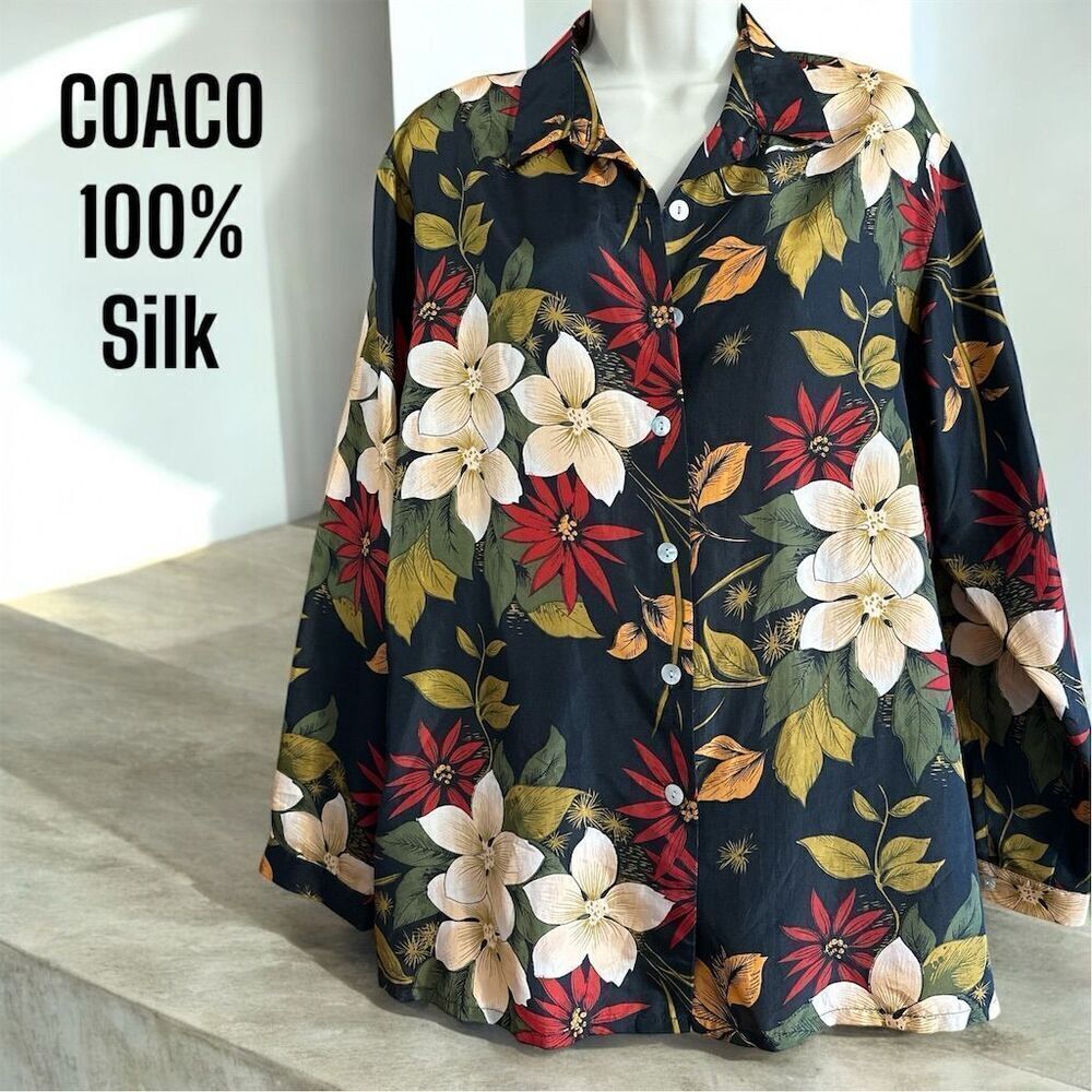 COACO Women's Black Tropical Print Floral Silk Blouse Long Sleeve Button Down